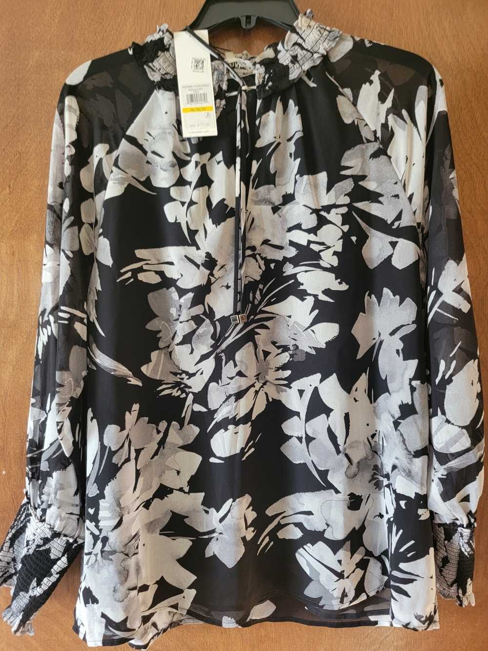 Calvin Klein Black & White Floral Tie-Neck Blouse